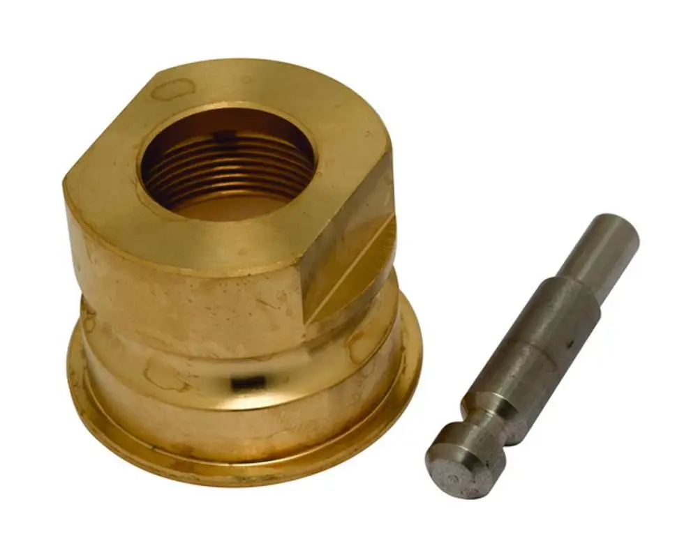Goldfarbener Adapter für Stellantriebe aus Metall, kompatibel mit Ventilen, daneben ein runder Stift. Produkt von IMI Hydronic Engineering.